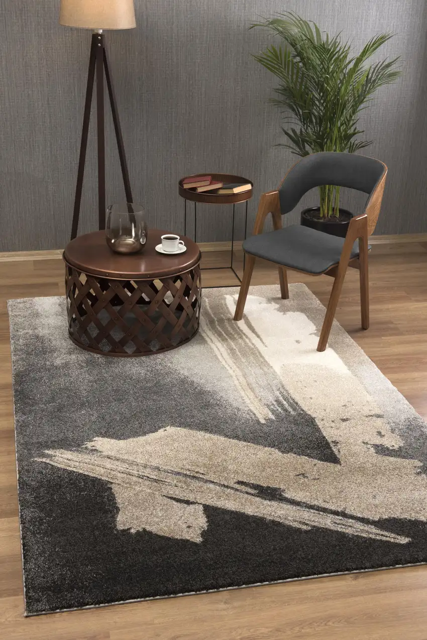 Gray and Tan Abstract Stroke Area Rug Photo 10