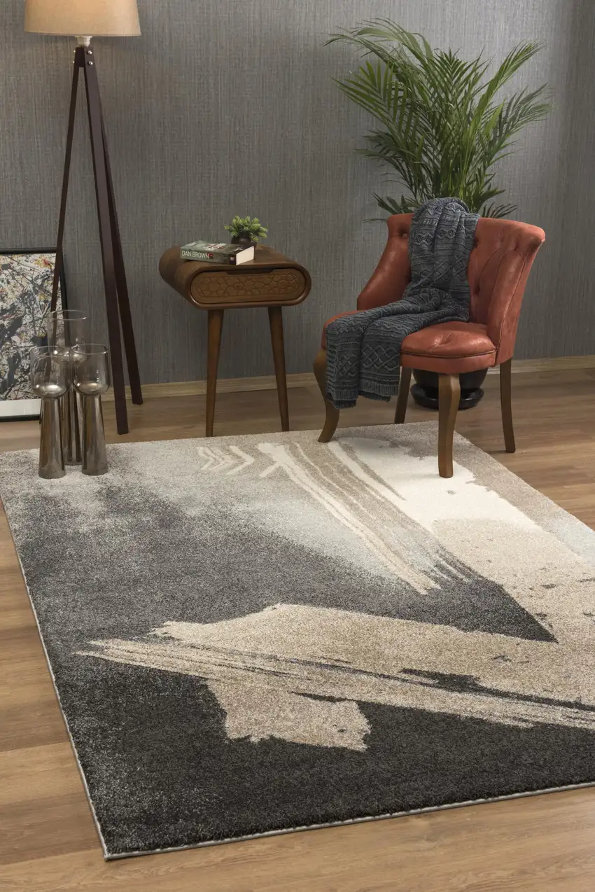 Gray and Tan Abstract Stroke Area Rug Photo 9