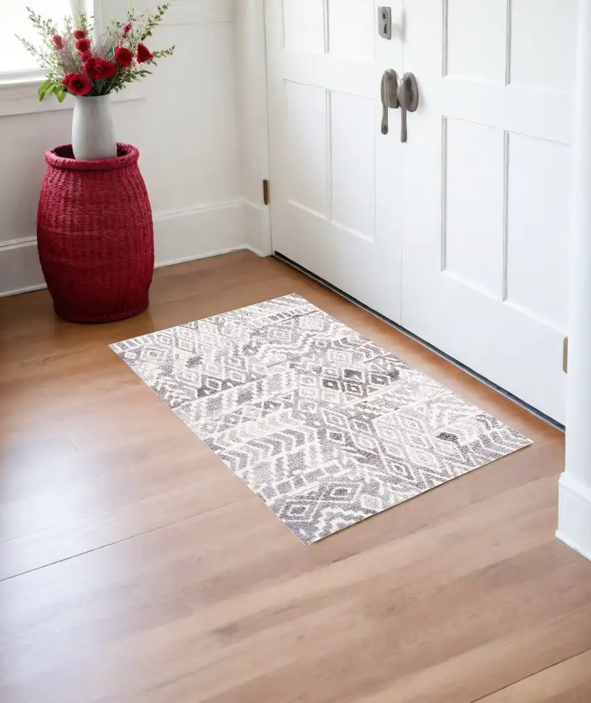 Gray and White Abstract Geometric Hand Tufted Distressed Area Rug Photo 1