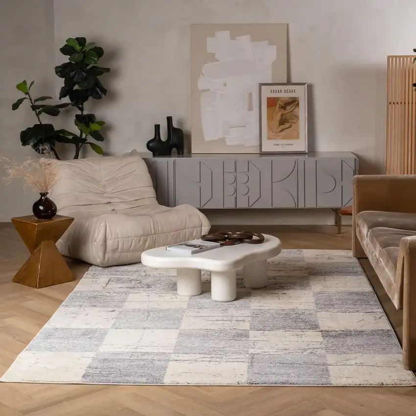 Gray and White Checkered Power Loom Distressed Area Rug Photo 9