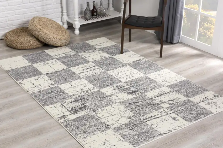 Gray and White Checkered Power Loom Distressed Area Rug Photo 7