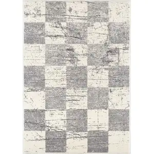 Photo of Gray and White Checkered Power Loom Distressed Area Rug