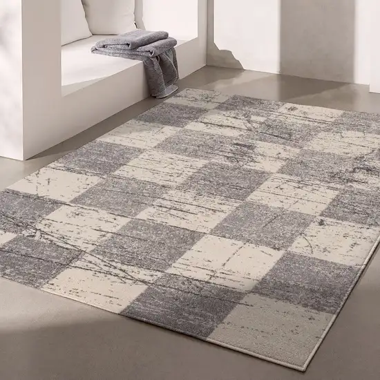 Gray and White Checkered Power Loom Distressed Area Rug Photo 4