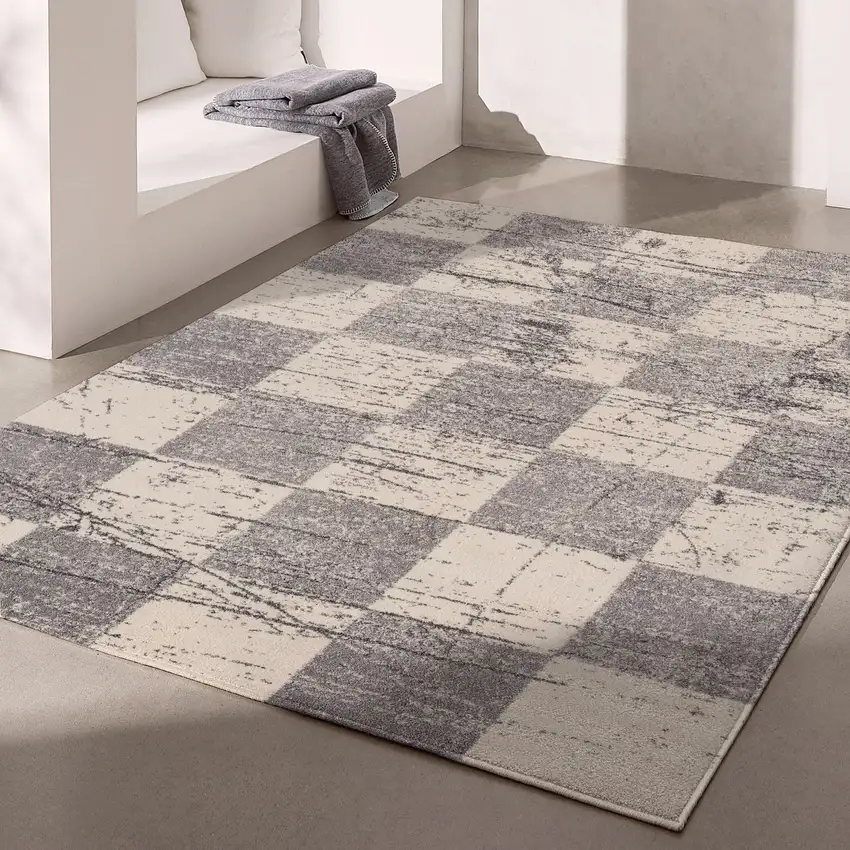 Gray and White Checkered Power Loom Distressed Area Rug Photo 4