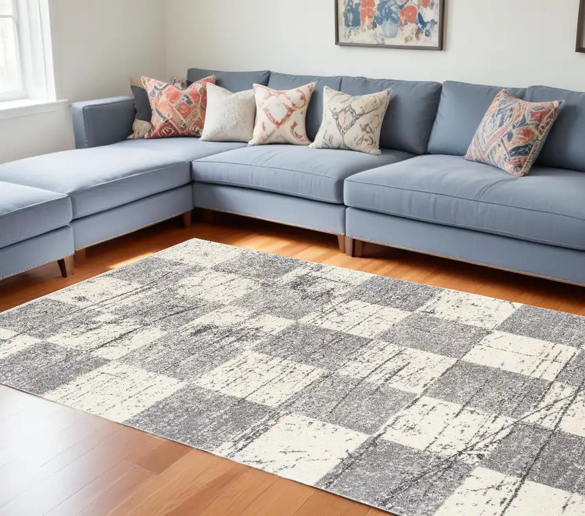Gray and White Checkered Power Loom Distressed Area Rug Photo 1