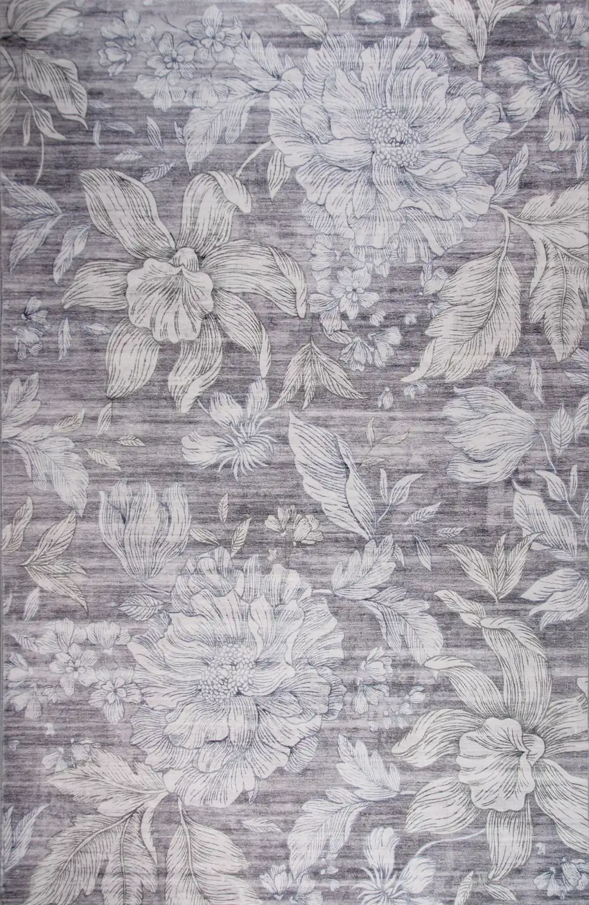 Gray and White Floral Area Rug Photo 1