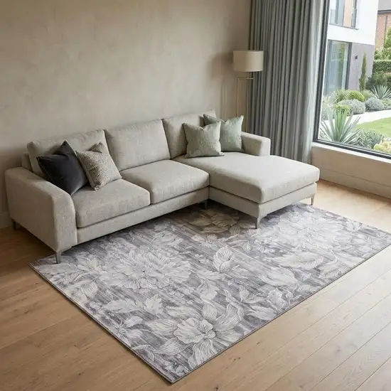 Gray and White Floral Area Rug Photo 1