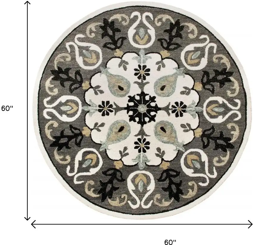 5' Gray Round Wool Hand Hooked Handmade Area Rug Photo 3