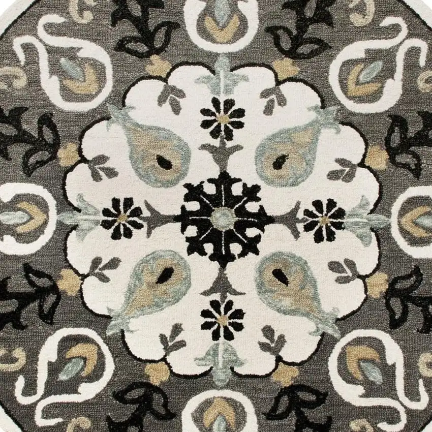 5' Gray Round Wool Hand Hooked Handmade Area Rug Photo 4