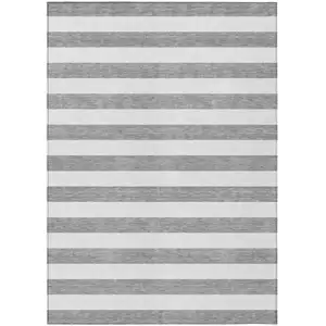 Photo of Gray and White Striped Washable Non Skid Indoor Outdoor Area Rug