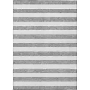 Photo of Gray and White Striped Washable Non Skid Indoor Outdoor Area Rug