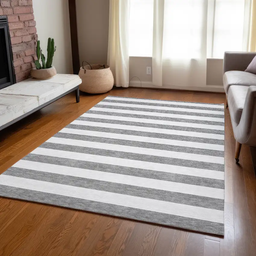 Gray and White Striped Washable Indoor Outdoor Area Rug Photo 8