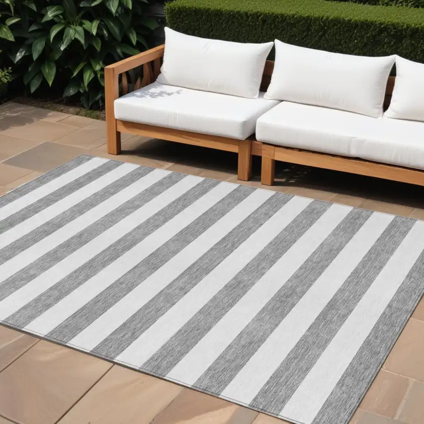 Gray and White Striped Washable Indoor Outdoor Area Rug Photo 1