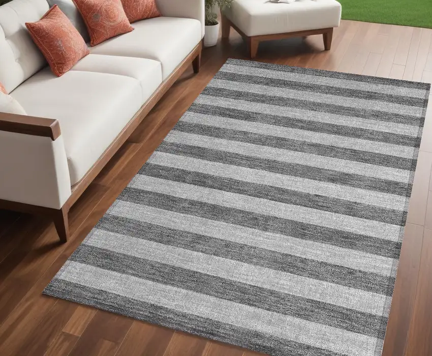 Gray and White Striped Washable Non Skid Indoor Outdoor Area Rug Photo 1