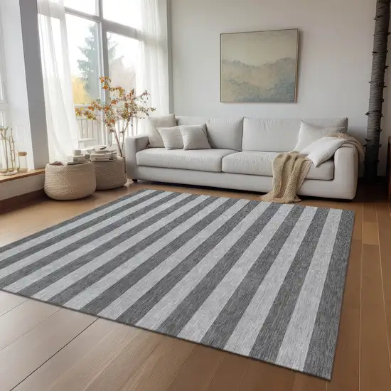 Gray and White Striped Washable Non Skid Indoor Outdoor Area Rug Photo 9