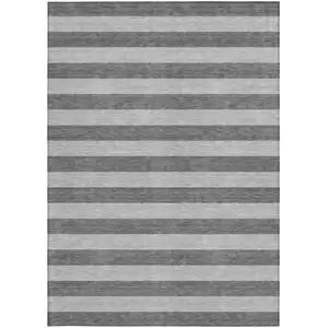 Photo of Gray and White Striped Washable Non Skid Indoor Outdoor Area Rug