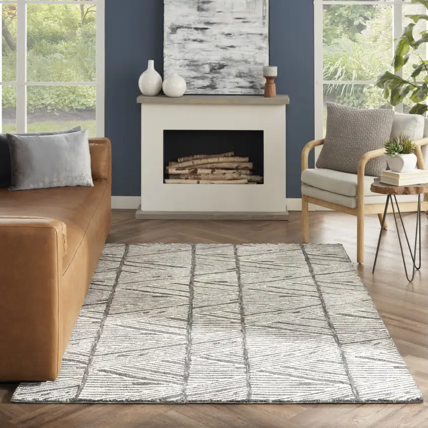 Gray and White Wool Abstract Area Rug Photo 5