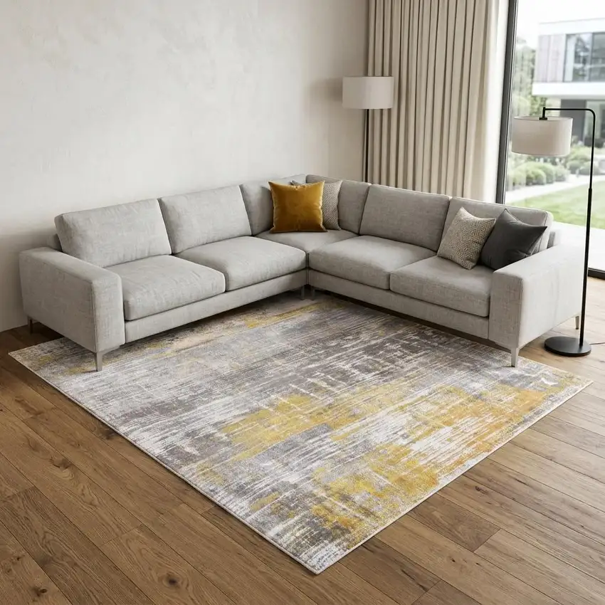 Gray and Yellow Abstract Non Skid Area Rug Photo 1