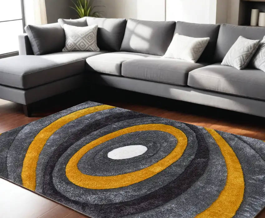 Gray and Yellow Shag Hand Tufted Area Rug Photo 4