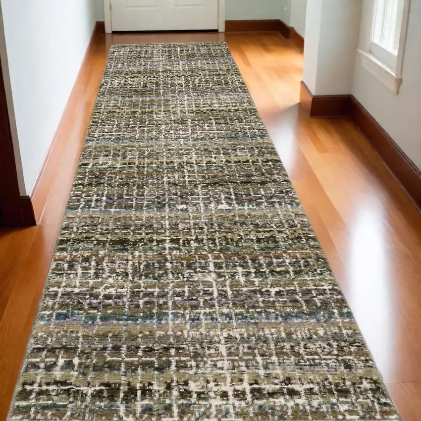 12' Green And Ivory Abstract Runner Rug Photo 1