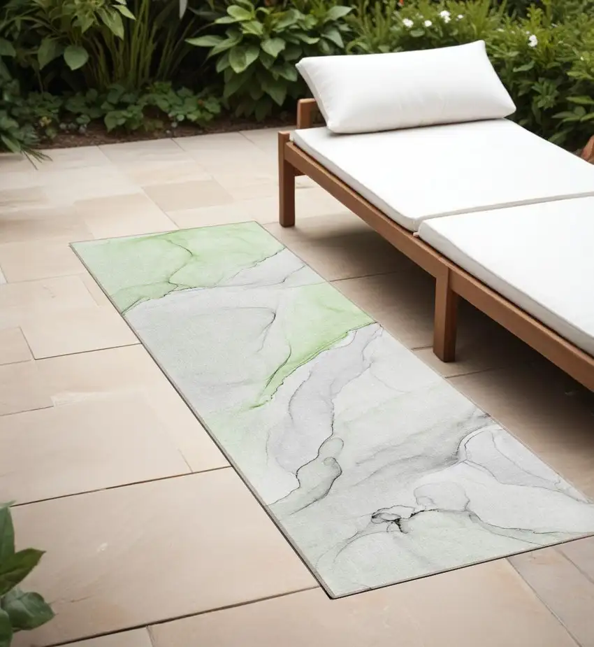 Green Abstract Washable Indoor Outdoor Runner Rug Photo 1