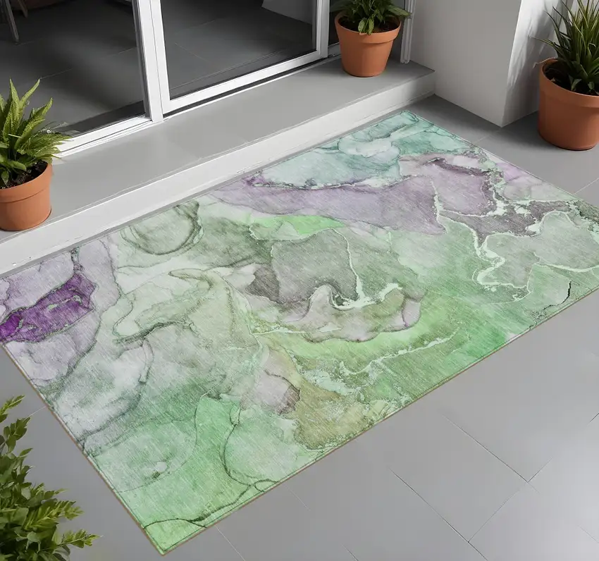 Green and Purple Abstract Washable Indoor Outdoor Area Rug Photo 1