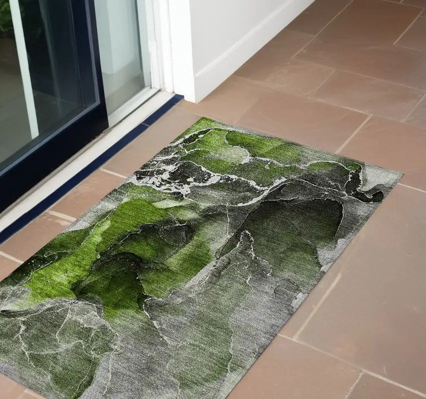 Green Abstract Washable Non Skid Indoor Outdoor Area Rug Photo 1
