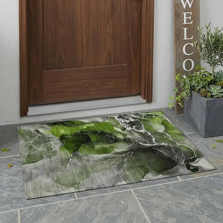 Green Abstract Washable Non Skid Indoor Outdoor Area Rug Photo 1