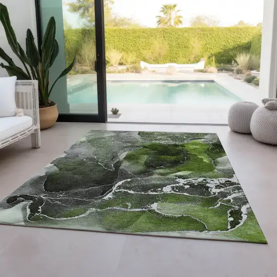 Green Abstract Washable Non Skid Indoor Outdoor Area Rug Photo 9
