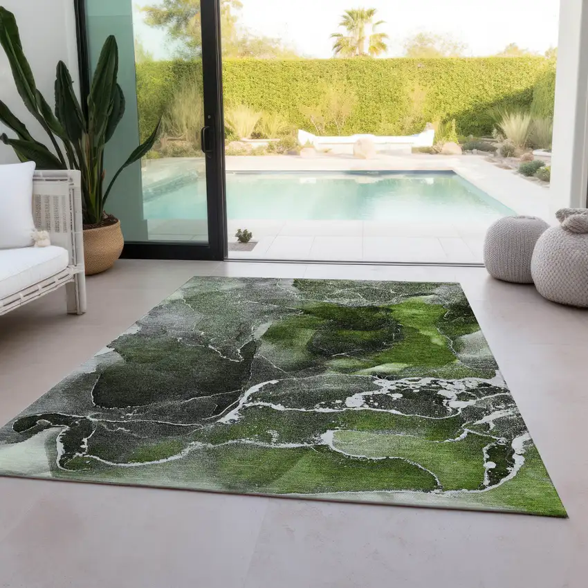 Green Abstract Washable Non Skid Indoor Outdoor Area Rug Photo 9