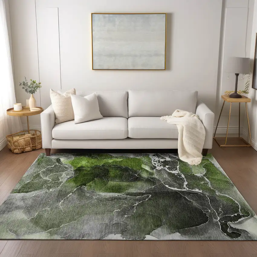 Green Abstract Washable Non Skid Indoor Outdoor Area Rug Photo 9