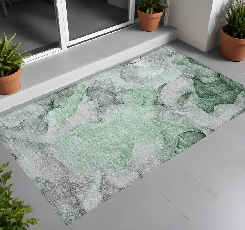 Green Abstract Washable Non Skid Indoor Outdoor Area Rug Photo 1