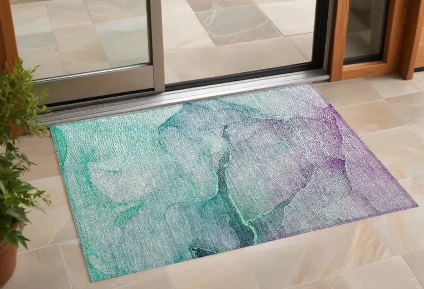 Green Abstract Washable Non Skid Indoor Outdoor Area Rug Photo 1