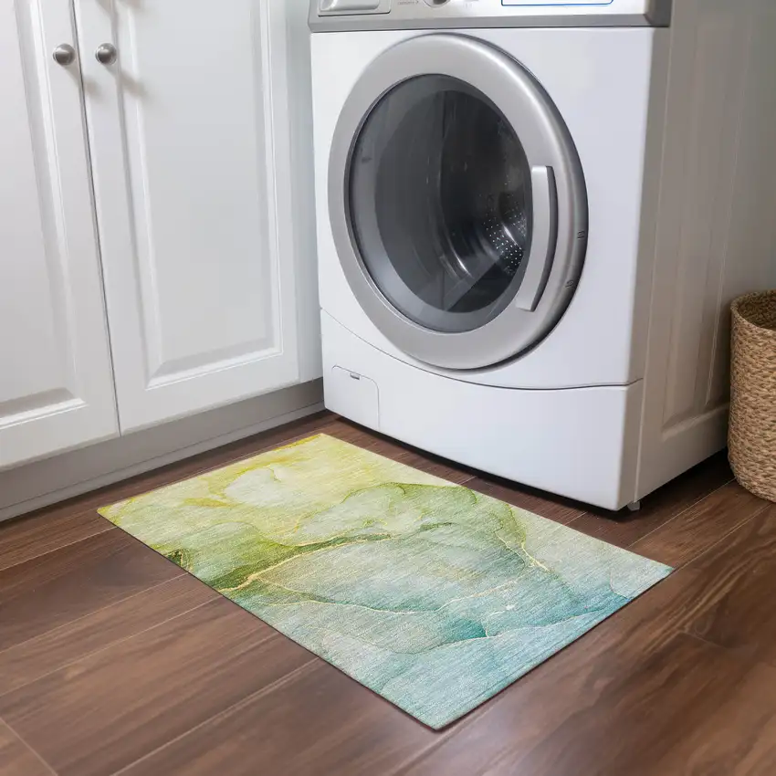 Green Abstract Washable Non Skid Indoor Outdoor Area Rug Photo 9
