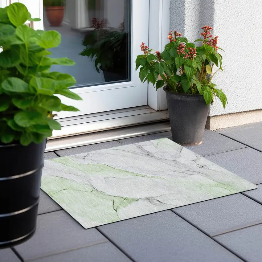 Green Abstract Washable Non Skid Indoor Outdoor Area Rug Photo 8