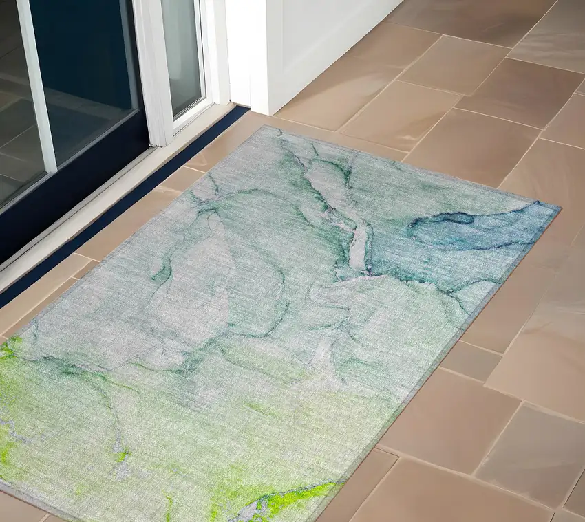 Blue and Green Abstract Washable Indoor Outdoor Area Rug Photo 1