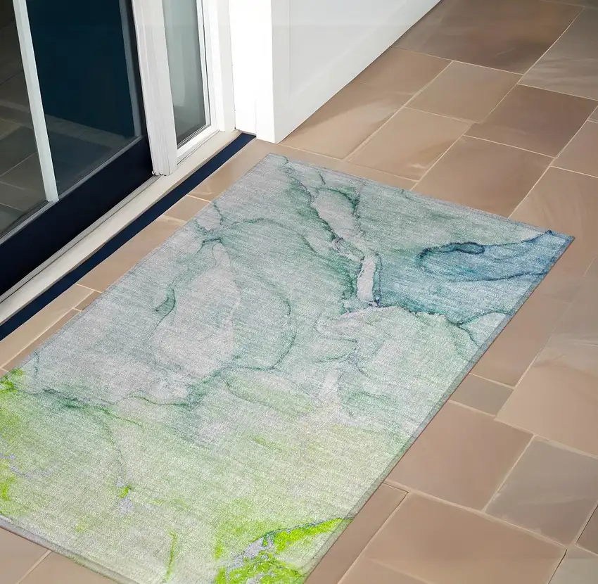 Blue and Green Abstract Washable Indoor Outdoor Area Rug Photo 2