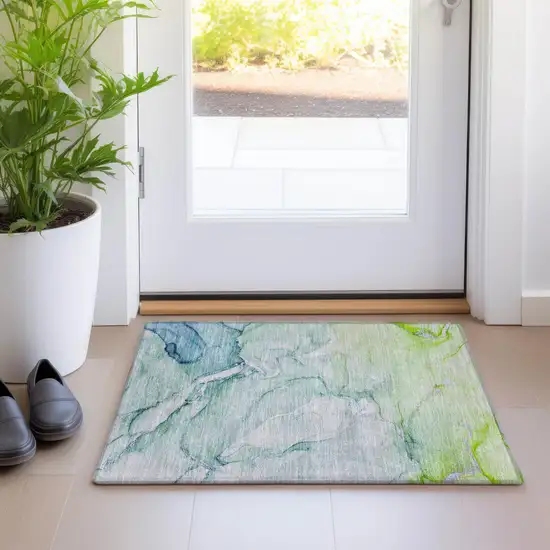 Green Abstract Washable Non Skid Indoor Outdoor Area Rug Photo 6