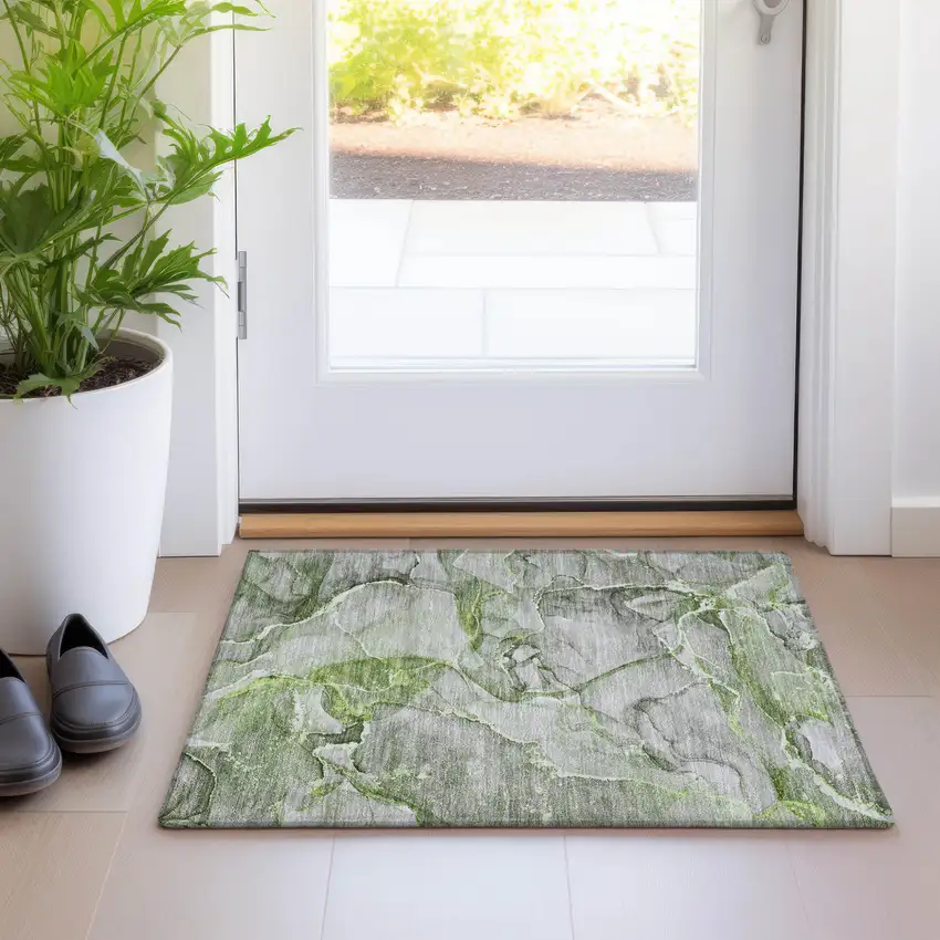 Green Abstract Washable Non Skid Indoor Outdoor Area Rug Photo 9