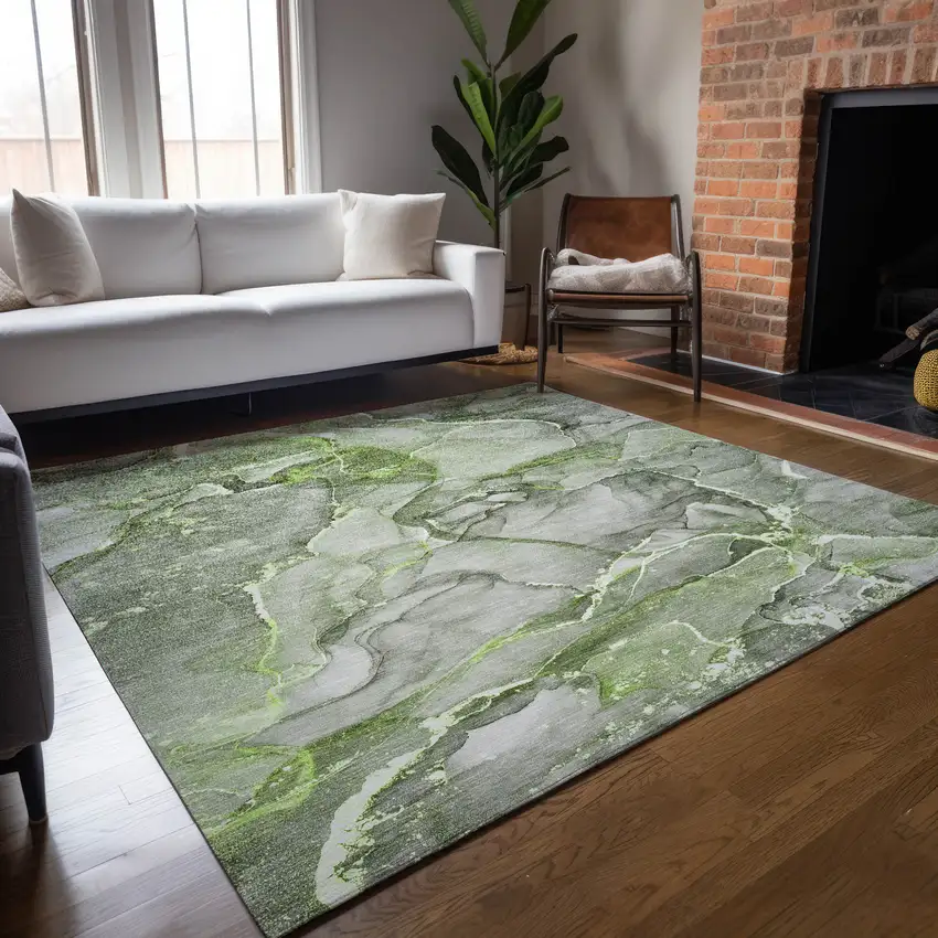 Green Abstract Washable Non Skid Indoor Outdoor Area Rug Photo 9