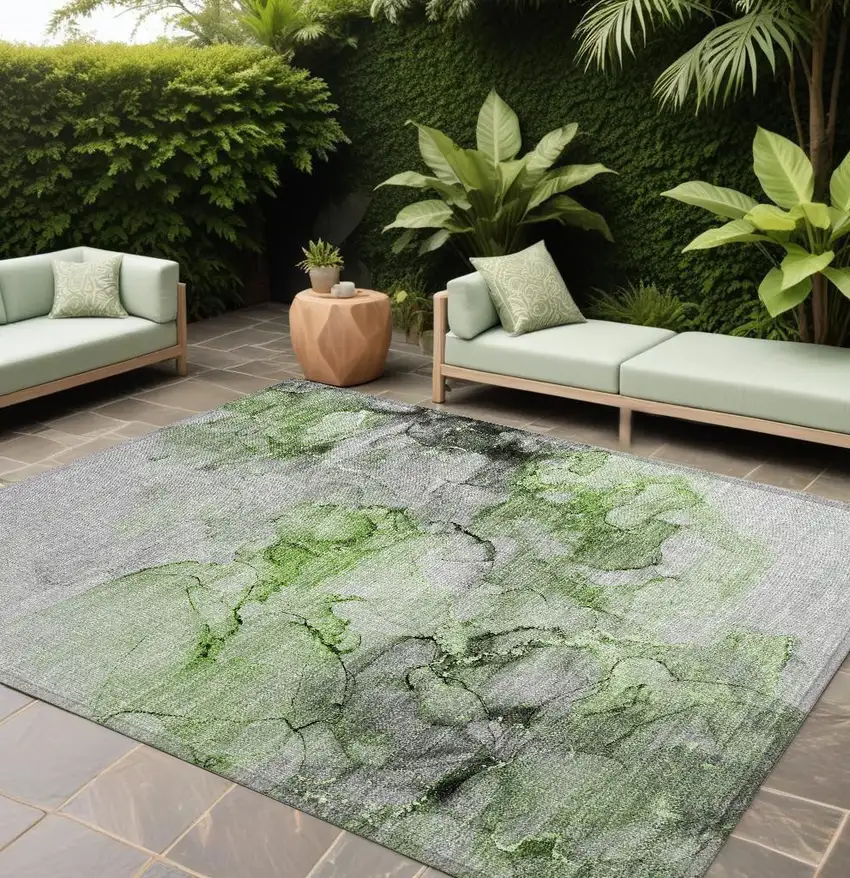 Green Abstract Washable Non Skid Indoor Outdoor Area Rug Photo 1