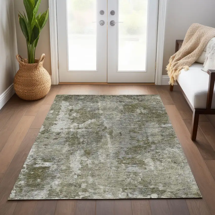 Green Abstract Washable Non Skid Indoor Outdoor Area Rug Photo 9