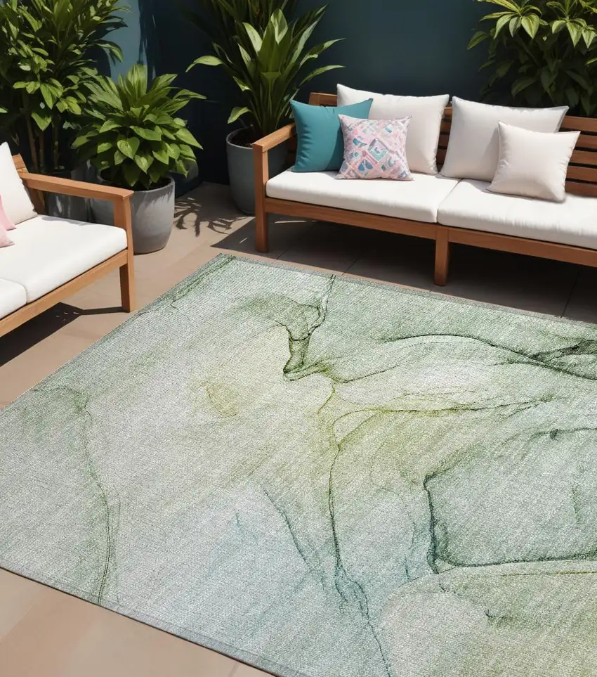 Green Abstract Washable Non Skid Indoor Outdoor Area Rug Photo 1
