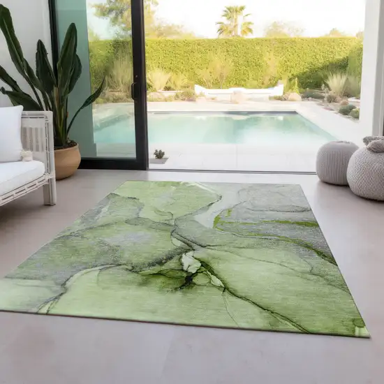 Green Abstract Washable Non Skid Indoor Outdoor Area Rug Photo 9