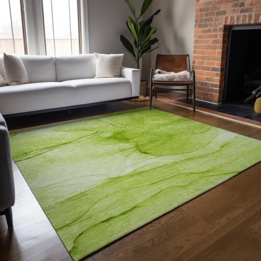 Green Abstract Washable Indoor Outdoor Area Rug Photo 9