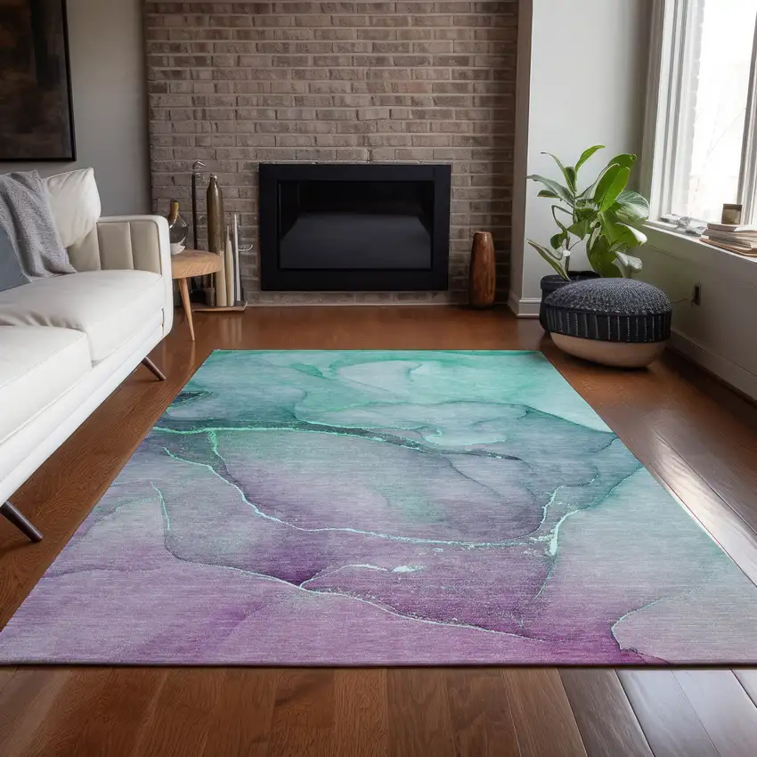 Green Abstract Washable Non Skid Indoor Outdoor Area Rug Photo 9