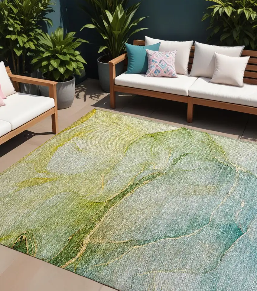 Green Abstract Washable Non Skid Indoor Outdoor Area Rug Photo 1