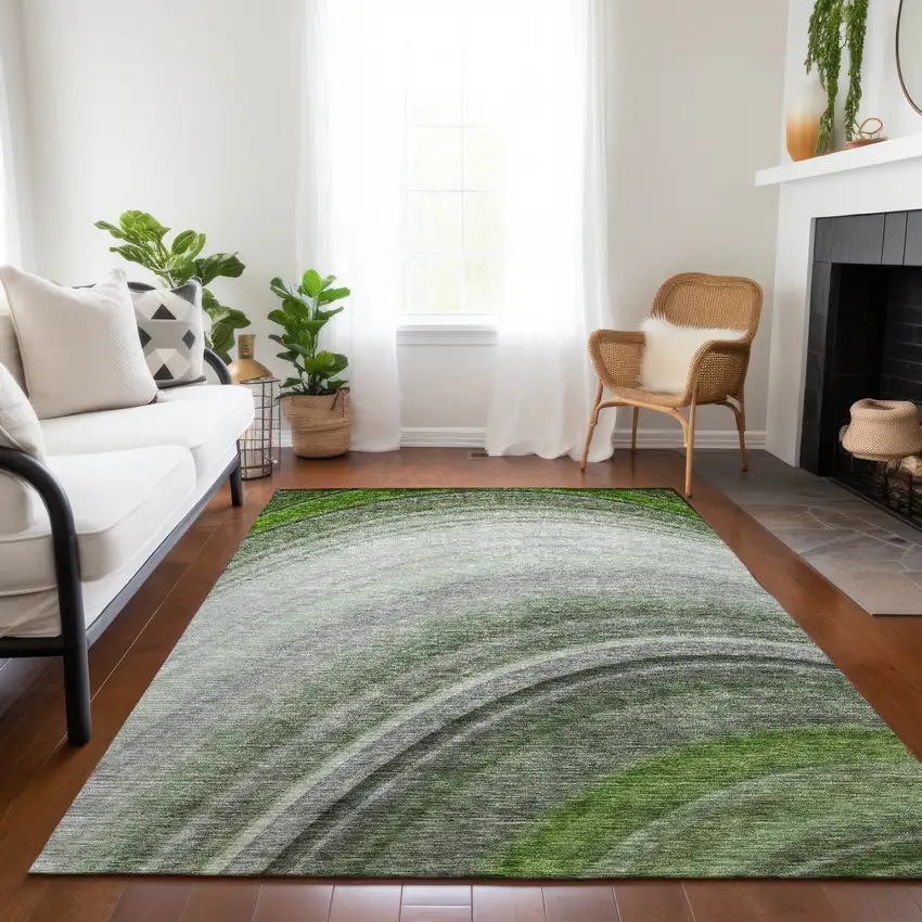 Green Abstract Washable Non Skid Indoor Outdoor Area Rug Photo 9