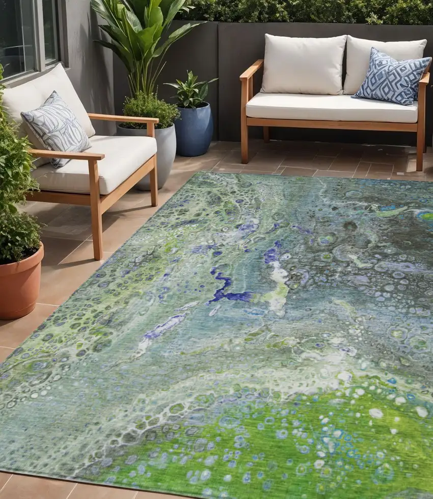Green Abstract Washable Non Skid Indoor Outdoor Area Rug Photo 1