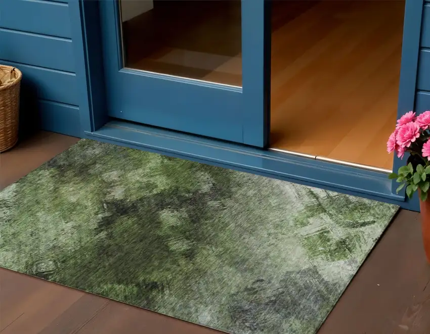 Green Abstract Washable Non Skid Indoor Outdoor Area Rug Photo 1